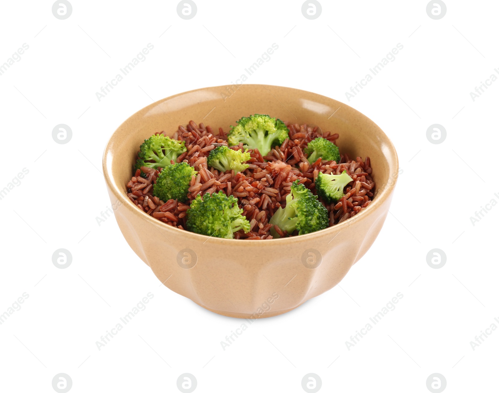 Photo of Delicious brown rice in bowl isolated on white