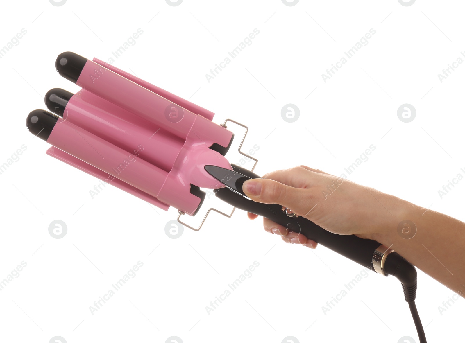 Photo of Woman holding modern triple curling iron on white background, closeup