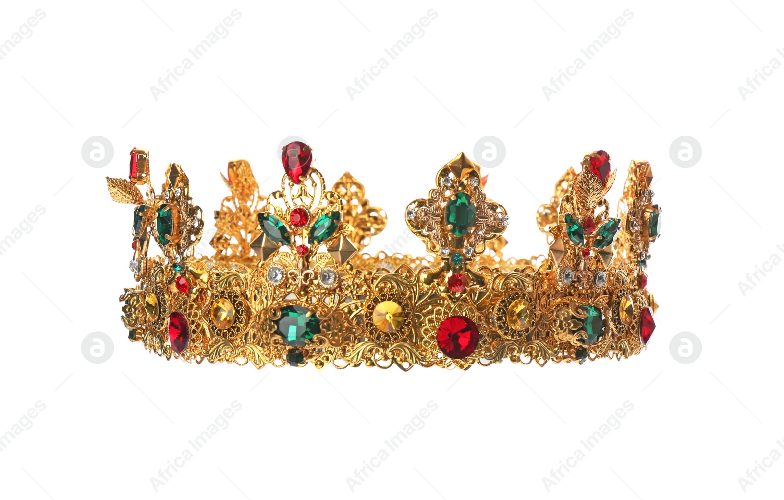 Photo of Beautiful golden crown on white background. Fantasy item