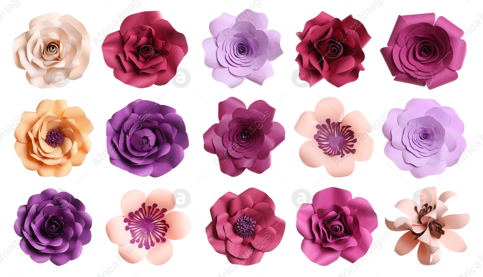 Image of Set with beautiful flowers made of paper on white background, top view. Banner design