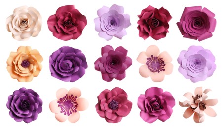 Image of Set with beautiful flowers made of paper on white background, top view. Banner design