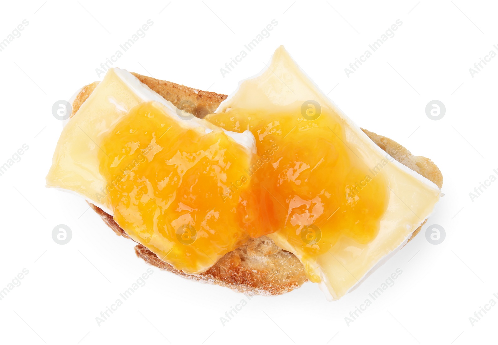 Photo of Tasty sandwich with brie cheese and apricot jam isolated on white, top view