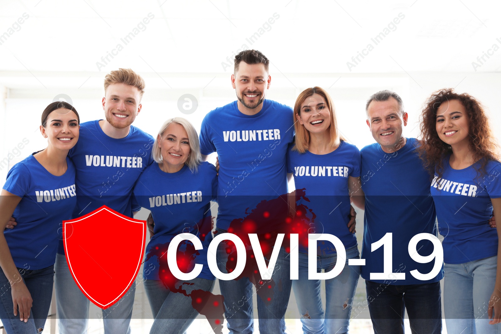 Image of Volunteers uniting to help during COVID-19 outbreak. Group of people on white background, world map and shield illustrations