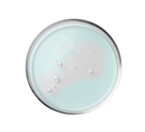 Photo of Petri dish with color liquid isolated on white, top view