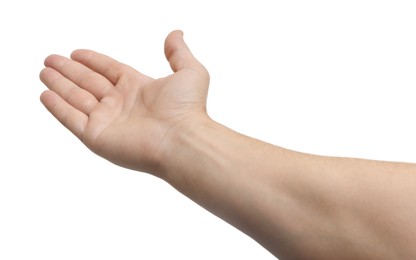 Man welcoming on white background, closeup of hand