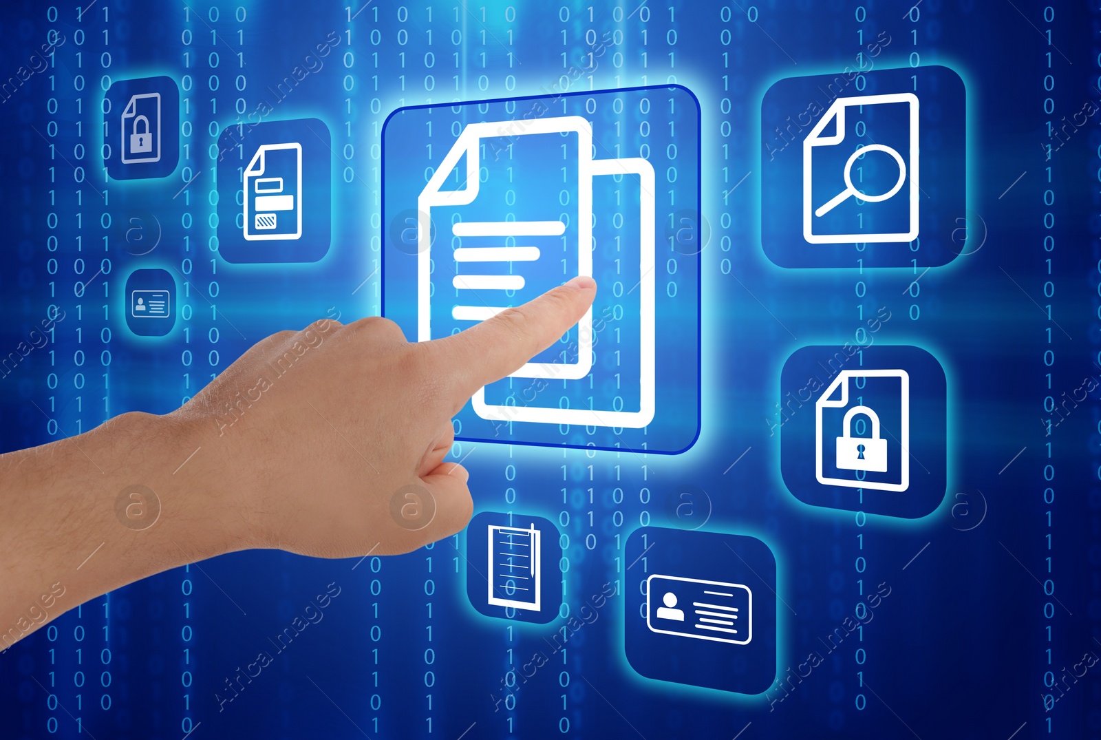 Image of Man pointing at document icon on virtual screen, closeup