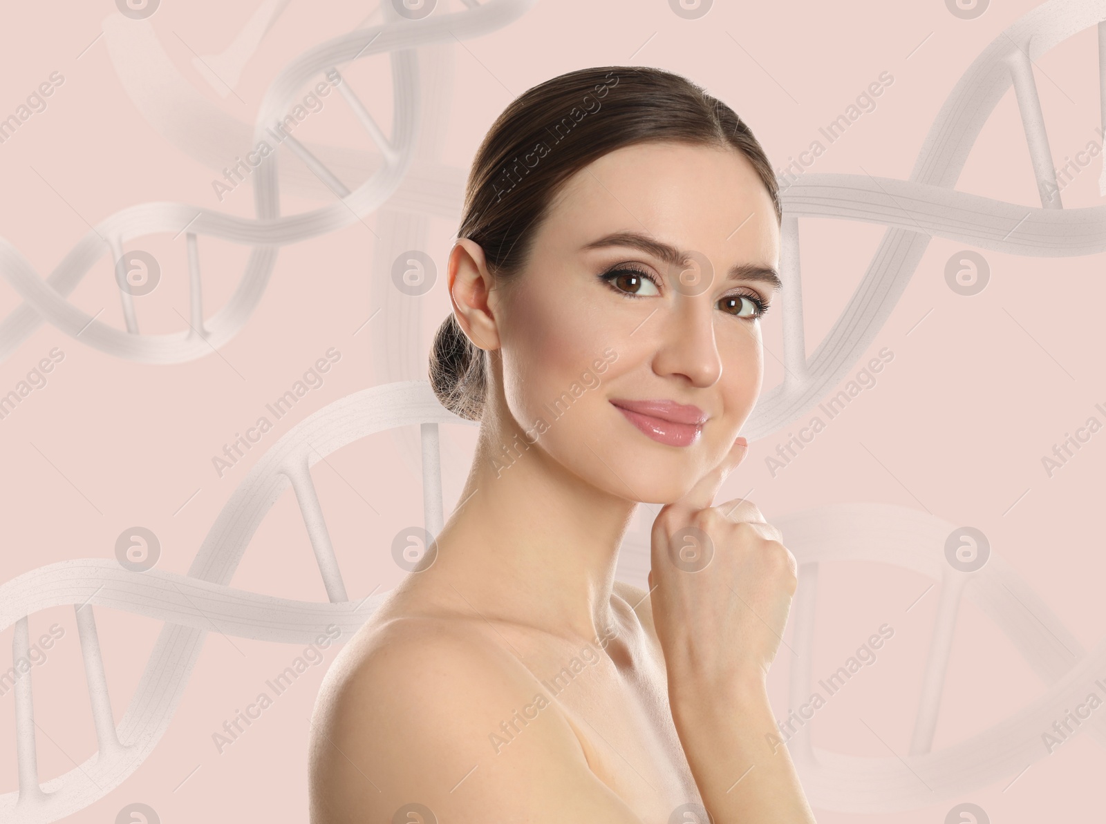 Image of Beautiful young woman against beige background with illustration of DNA chains