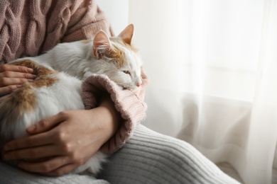 Woman with cute fluffy cat indoors, closeup