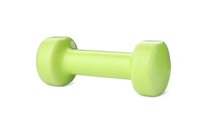 Photo of Light green dumbbell isolated on white. Weight training equipment