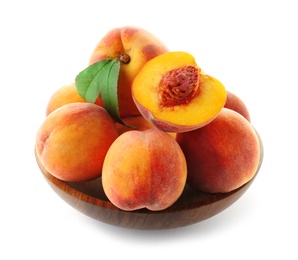 Photo of Bowl with fresh sweet peaches on white background