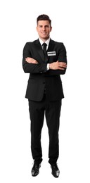 Full length portrait of happy receptionist in uniform on white background