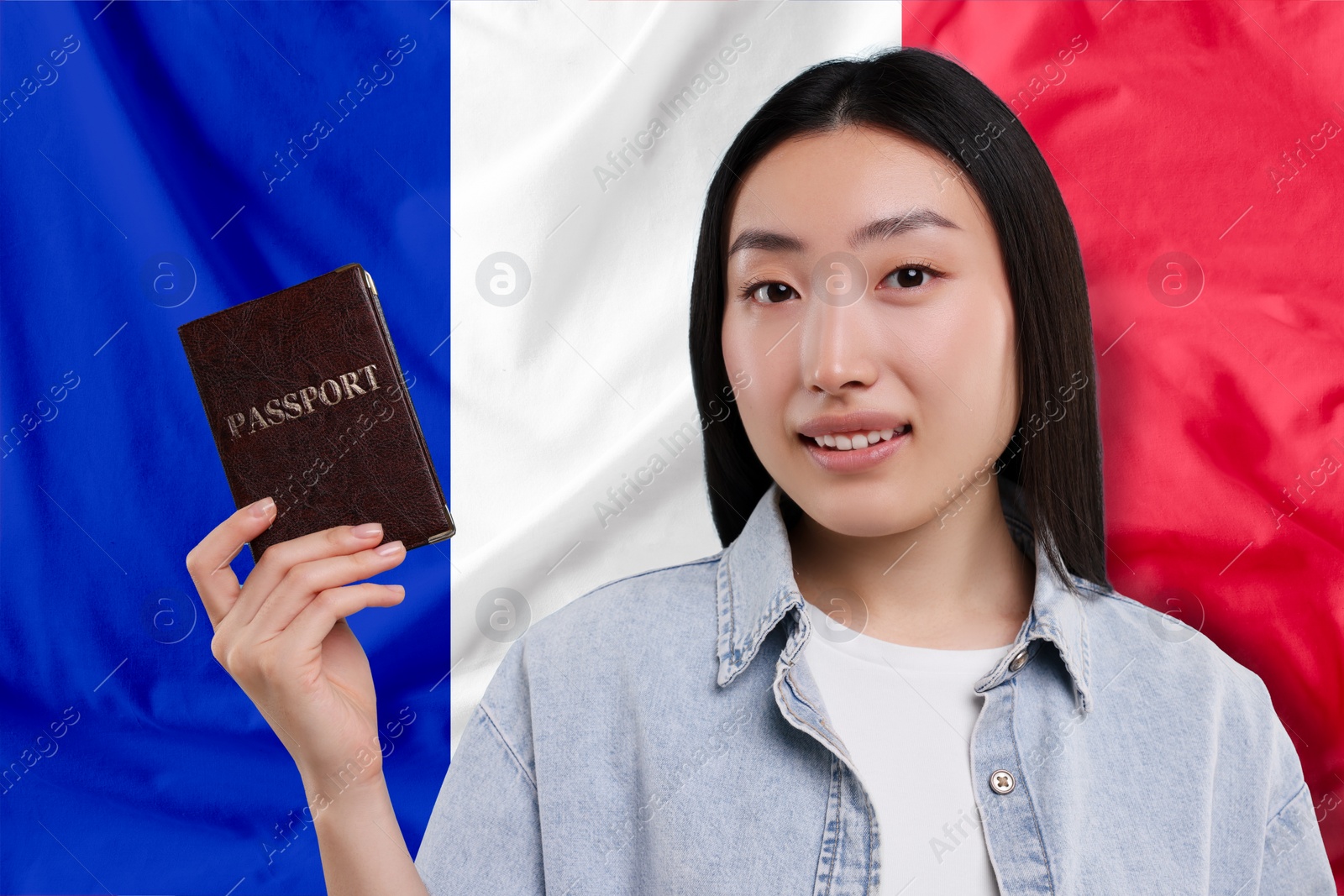 Image of Immigration. Woman with passport against national flag of France