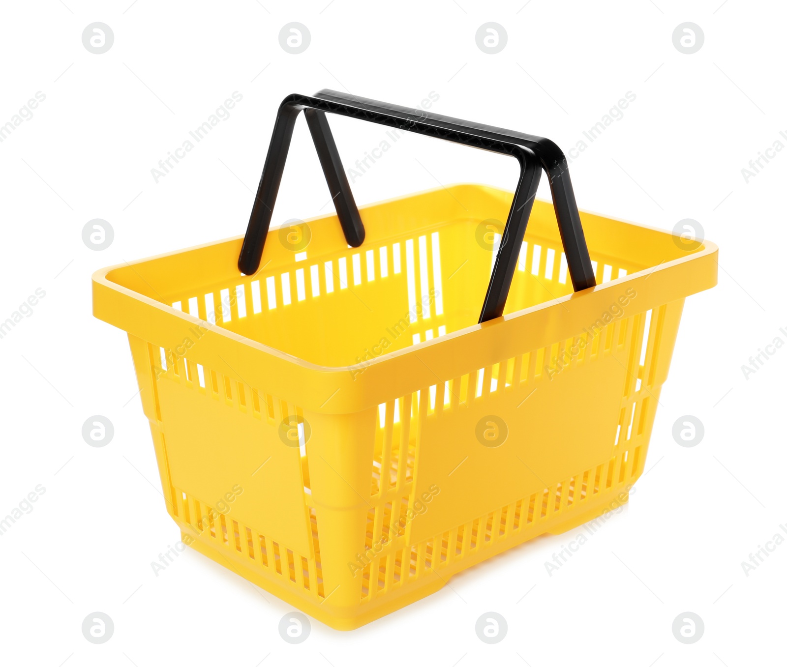 Photo of Color plastic shopping basket on white background