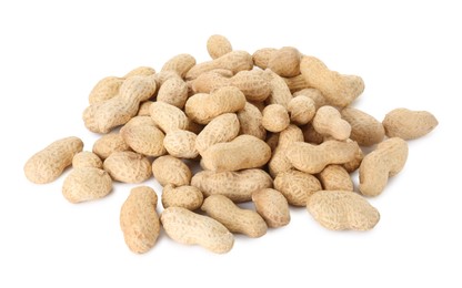 Photo of Pile of fresh unpeeled peanuts isolated on white