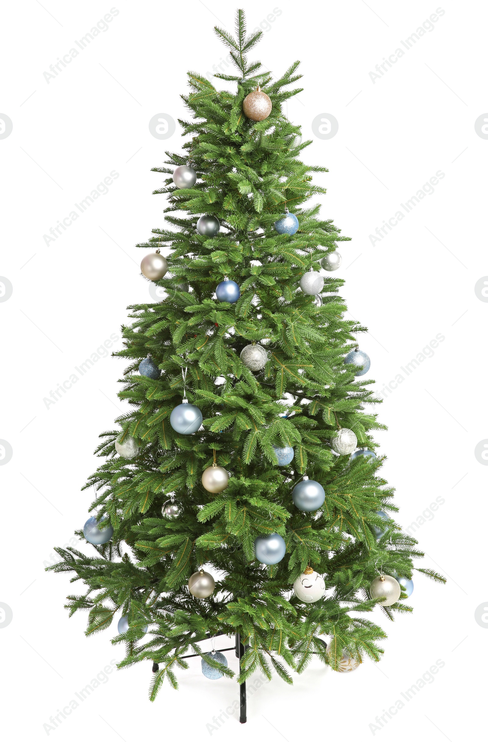 Photo of Beautifully decorated Christmas tree on white background