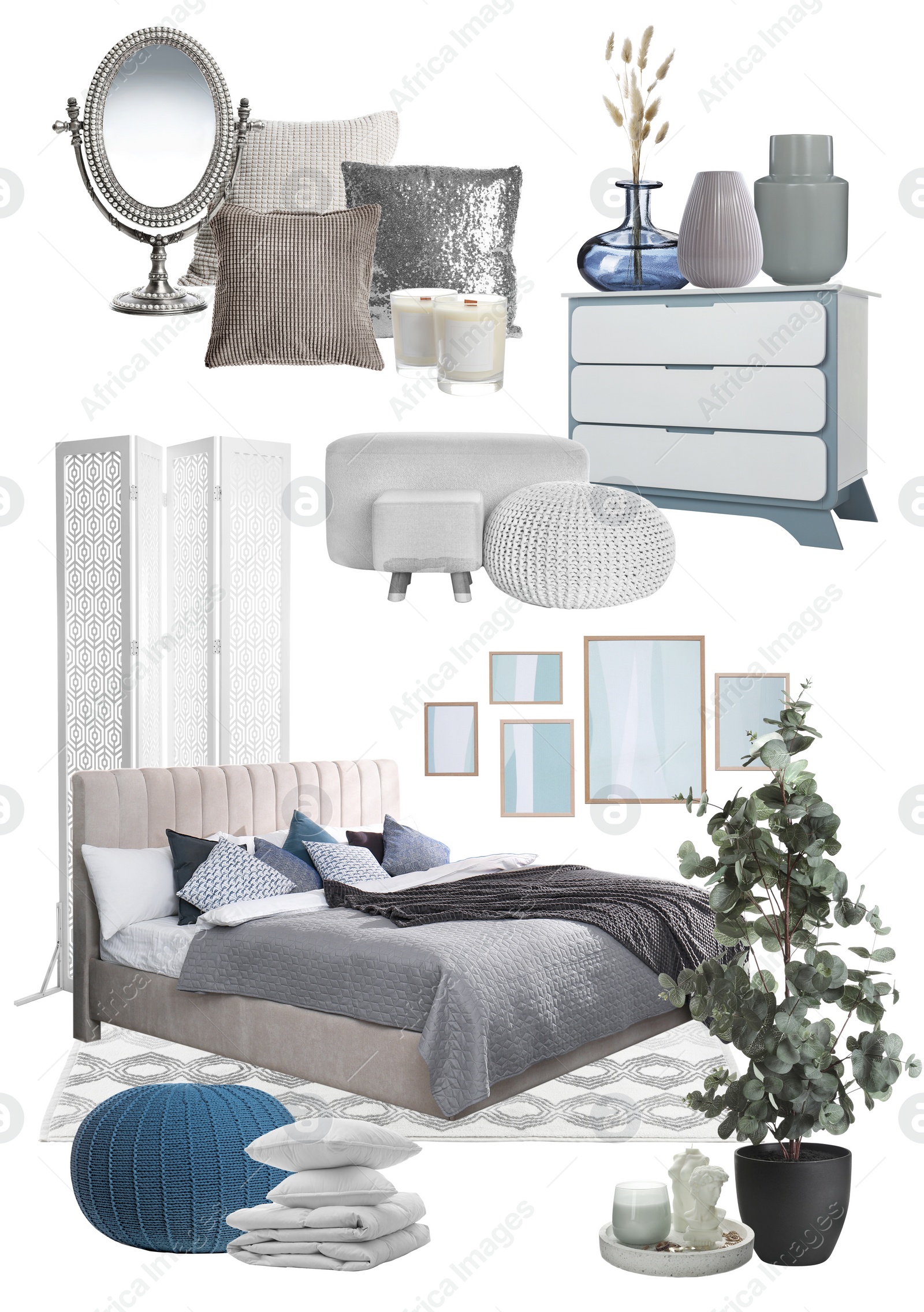 Image of Stylish bedroom interior with different decorative elements and furniture on white background. Mood board collage