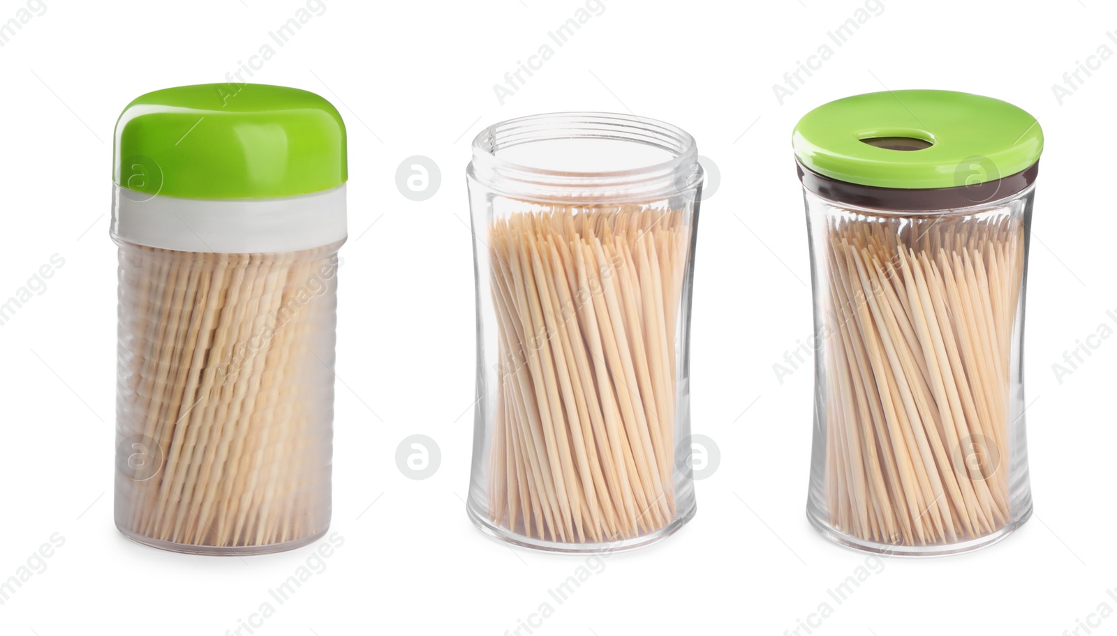 Image of Set with wooden toothpicks on white background. Banner design