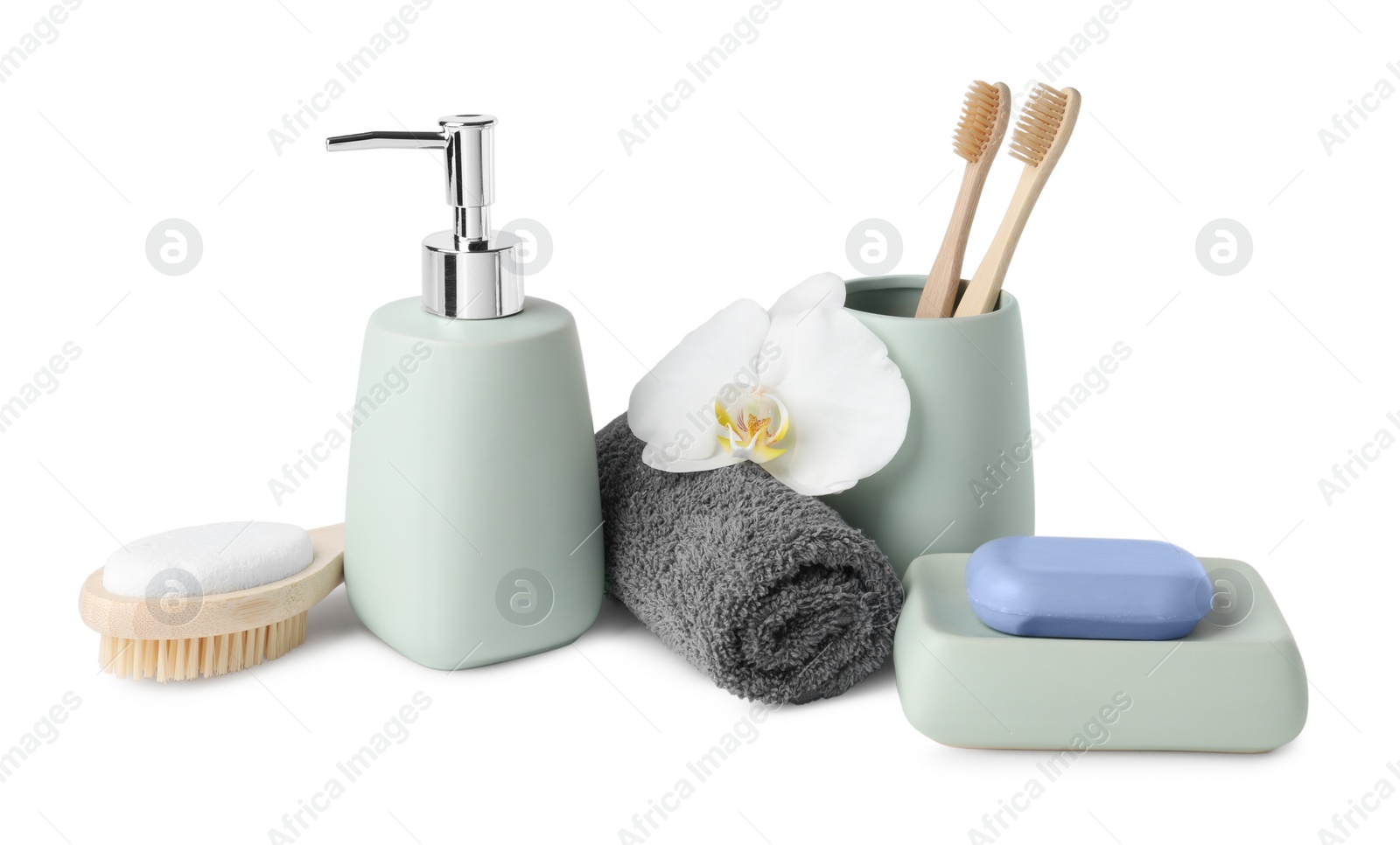 Photo of Bath accessories. Set of different personal care products and flower isolated on white