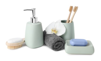 Photo of Bath accessories. Set of different personal care products and flower isolated on white