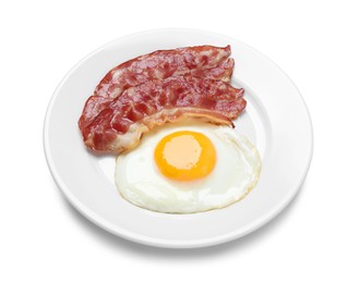 Photo of Plate with delicious fried egg and bacon isolated on white