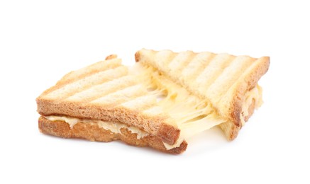 Fresh tasty cheese sandwich cut in half on white background