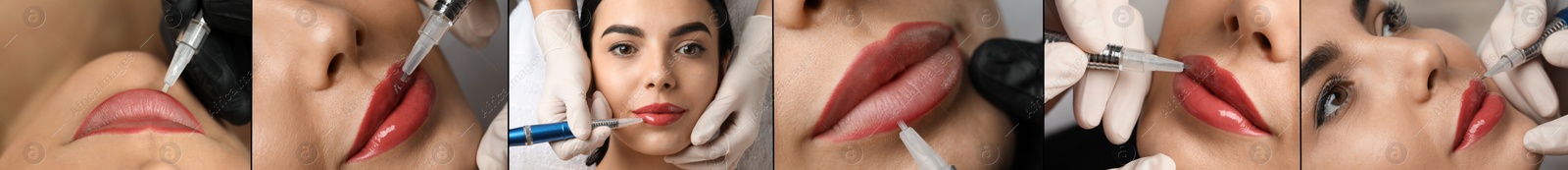 Image of Collage with photos of women during procedures of lip augmentation and permanent makeup, closeup. Banner design