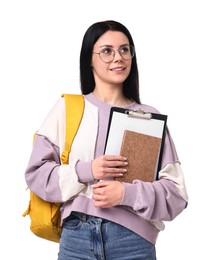 Photo of Smiling student with notebook, clipboard and backpack on white background