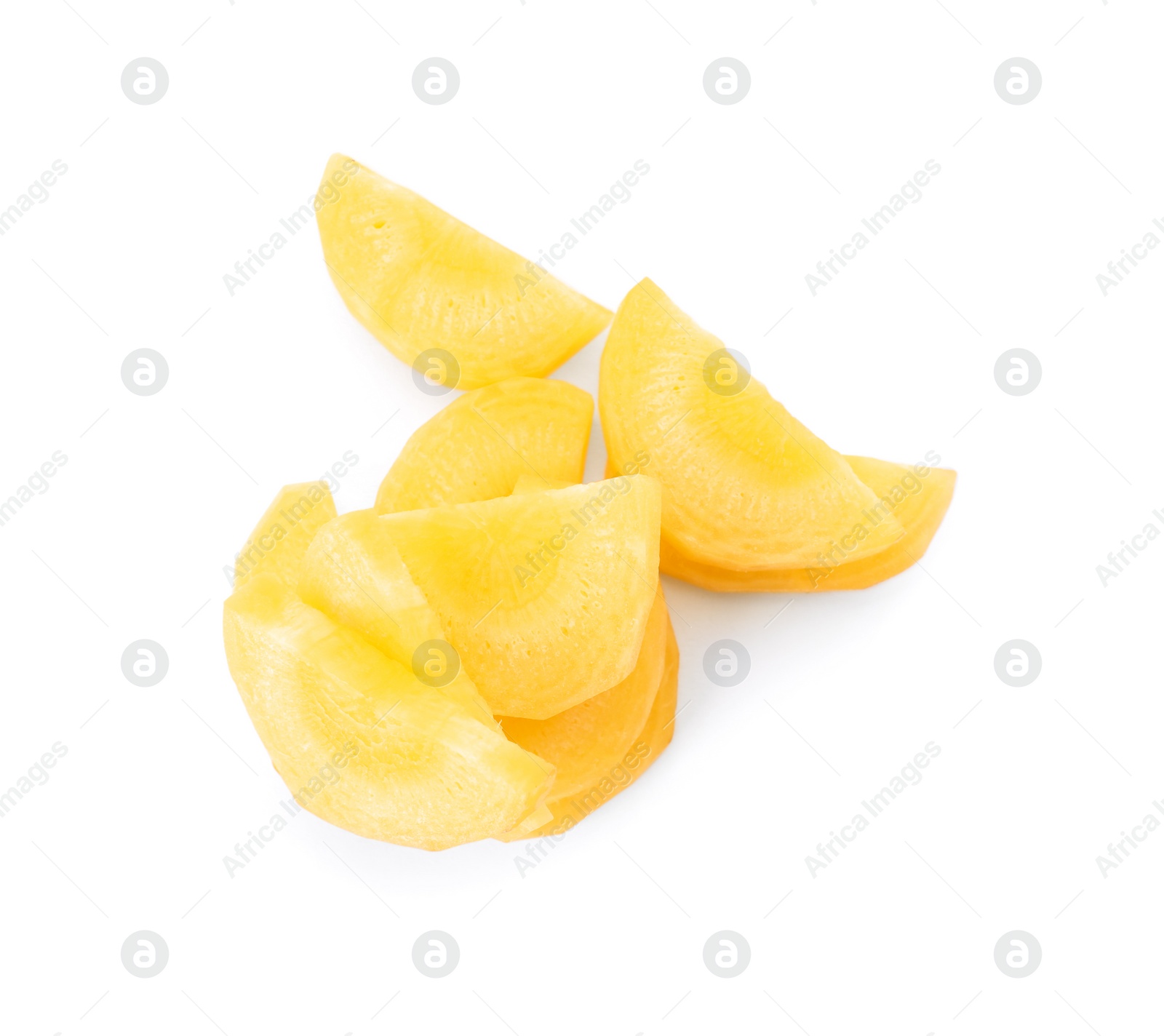 Photo of Slices of raw yellow carrot isolated on white, top view