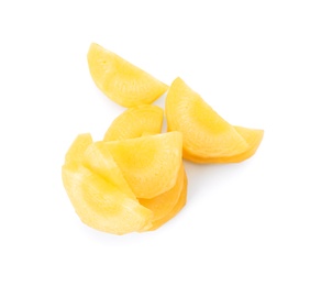 Slices of raw yellow carrot isolated on white, top view