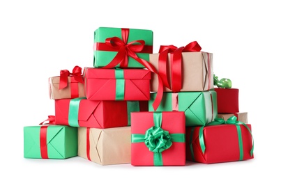 Different Christmas gift boxes on white background