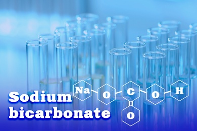 Image of Text Sodium bicarbonate with soda formula and test tubes on background