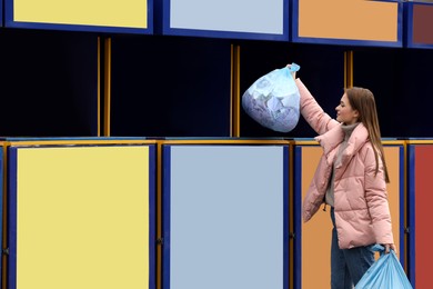 Woman throwing garbage into bin at recycling point outdoors