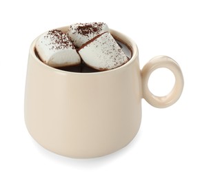 Photo of Cup of aromatic hot chocolate with marshmallows and cocoa powder isolated on white