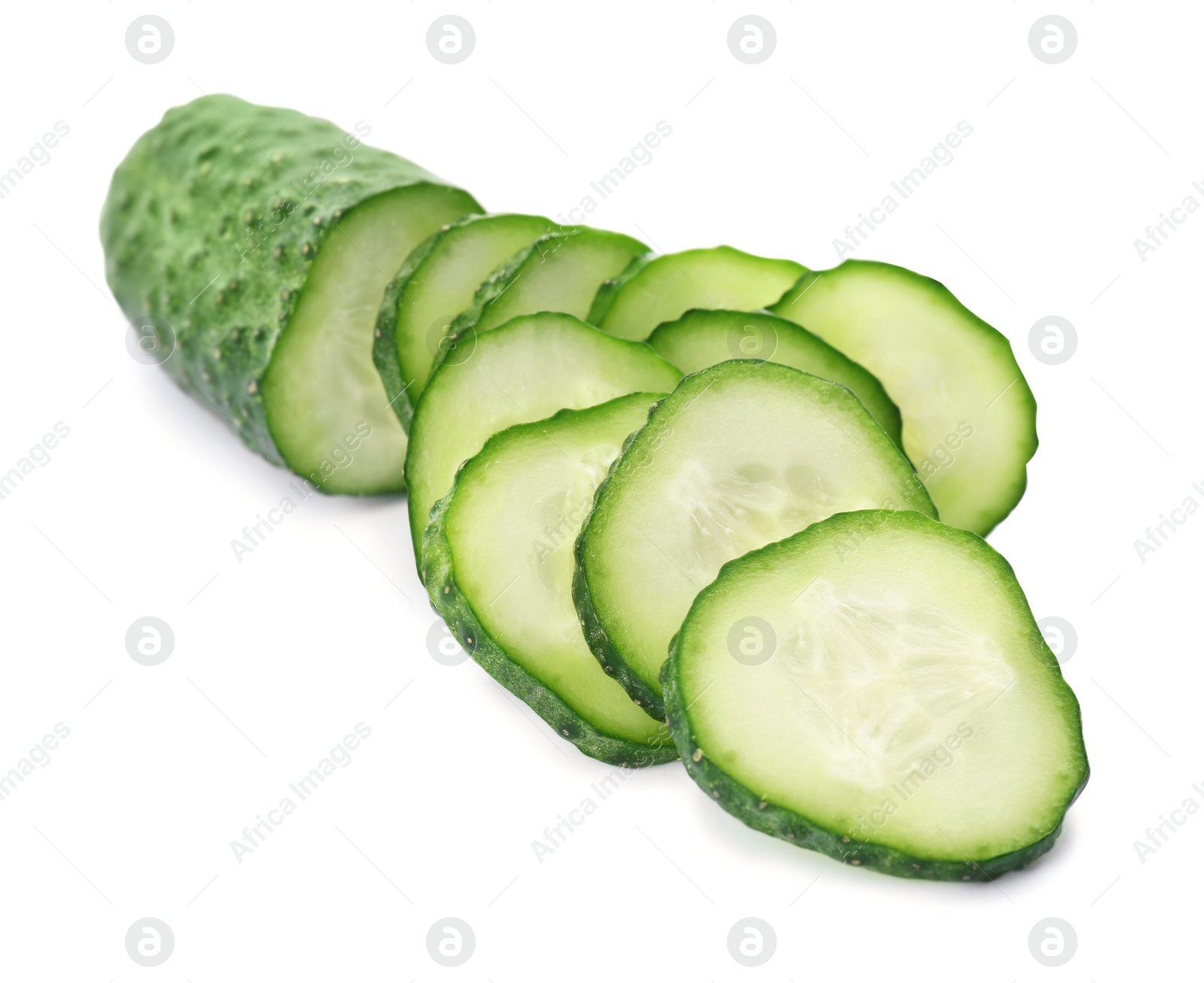 Photo of Fresh green sliced cucumber on white background