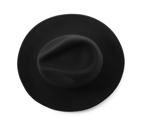 Photo of Stylish black hat isolated on white, top view. Trendy headdress