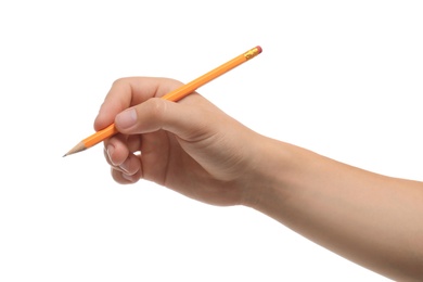 Young man holding pencil on white background, closeup