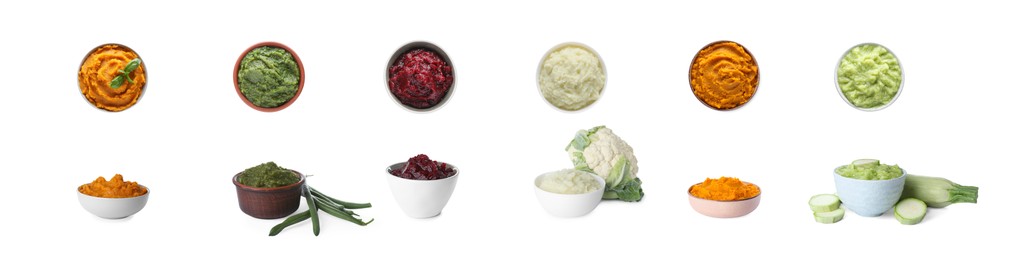 Image of Set with different tasty vegetable puree on white background. Banner design