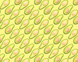 Image of Pattern of avocado halves on pale yellow background