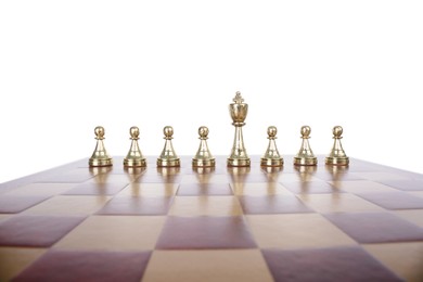 King among pawns on wooden chess board against white background