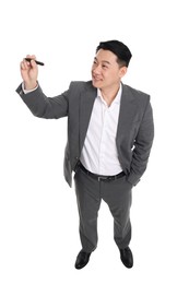 Businessman in suit with marker writing on white background, above view