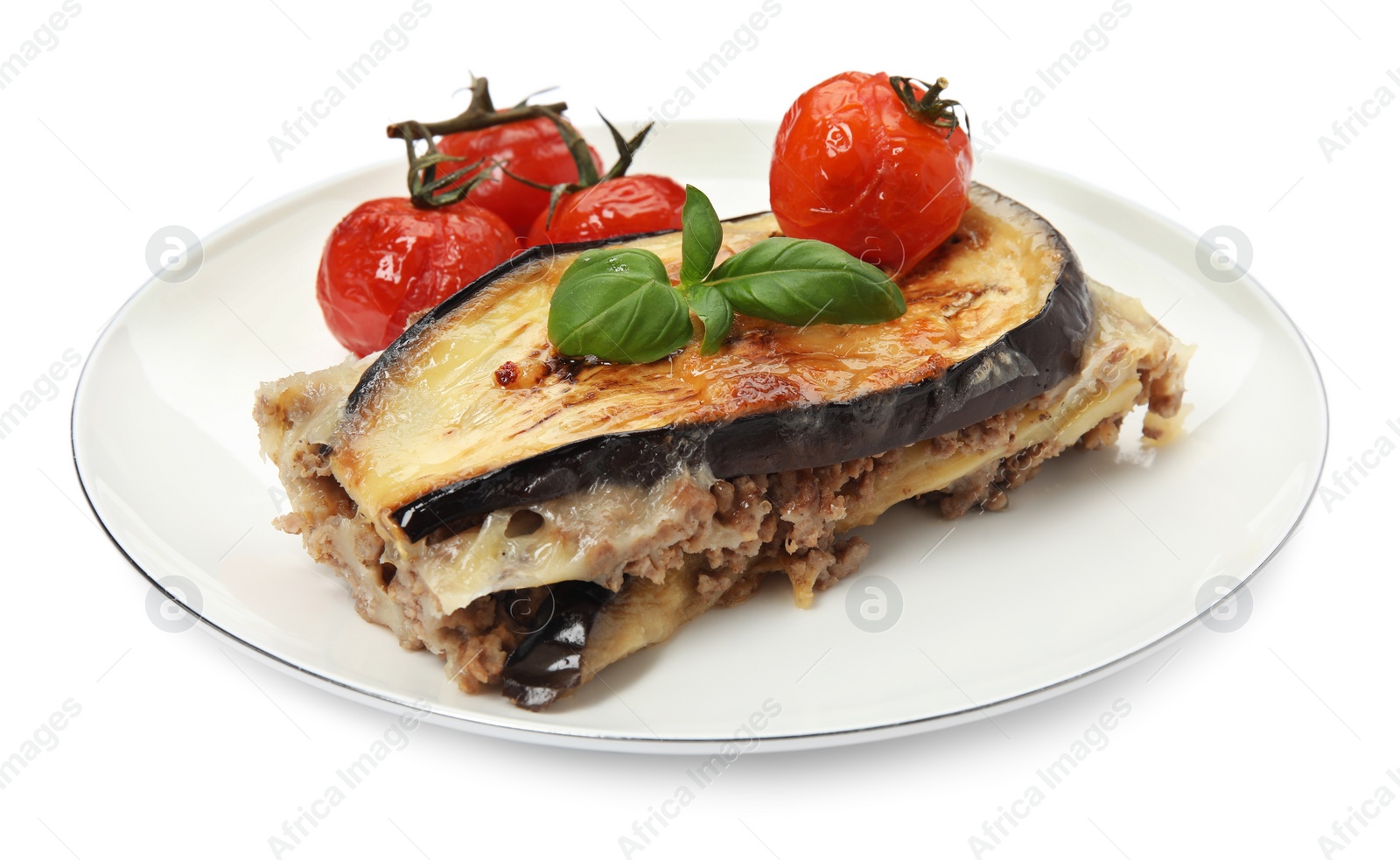 Photo of Plate of delicious eggplant lasagna isolated on white