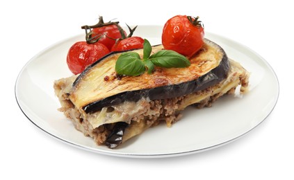 Photo of Plate of delicious eggplant lasagna isolated on white