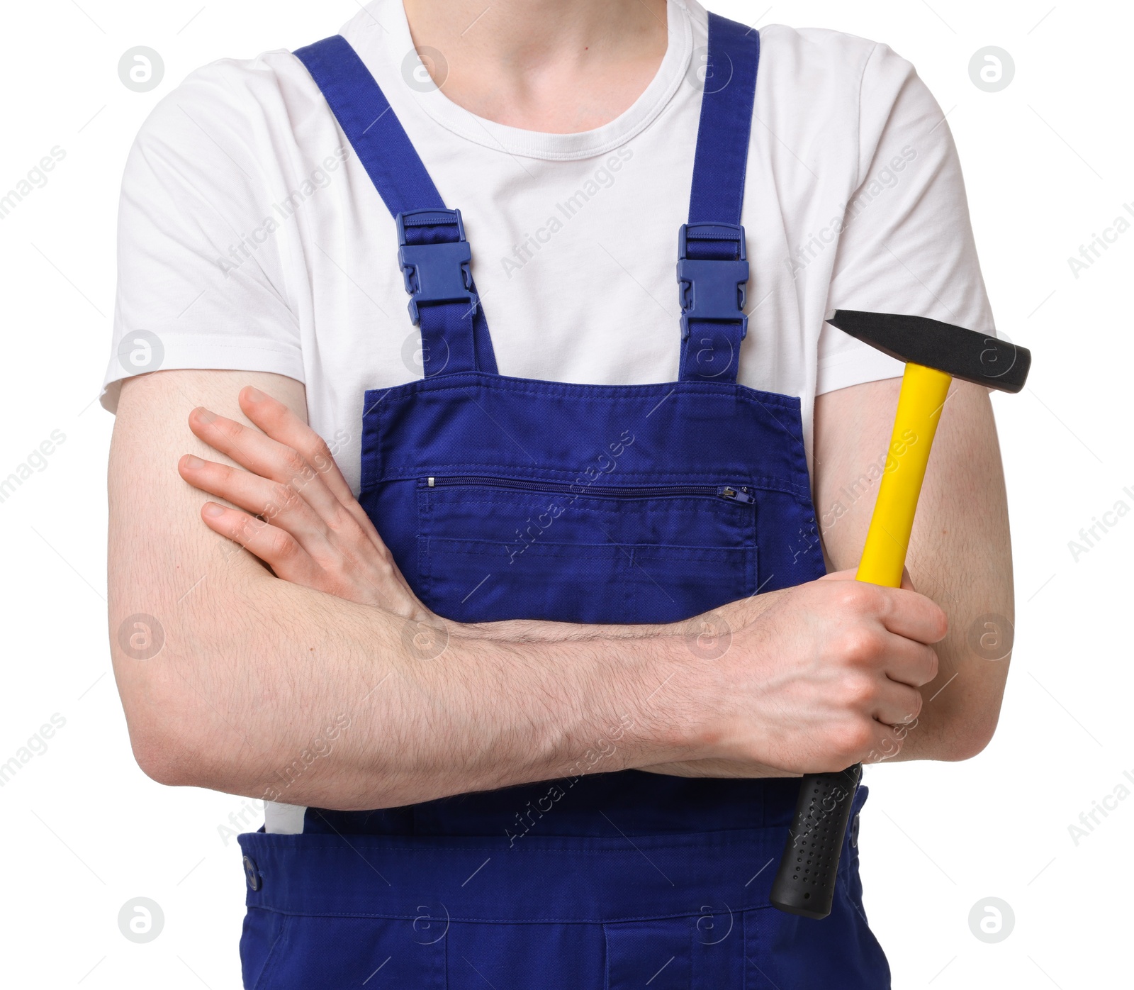 Photo of Professional repairman holding hammer on white background, closeup