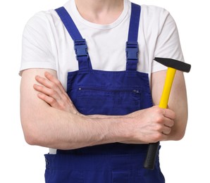 Photo of Professional repairman holding hammer on white background, closeup