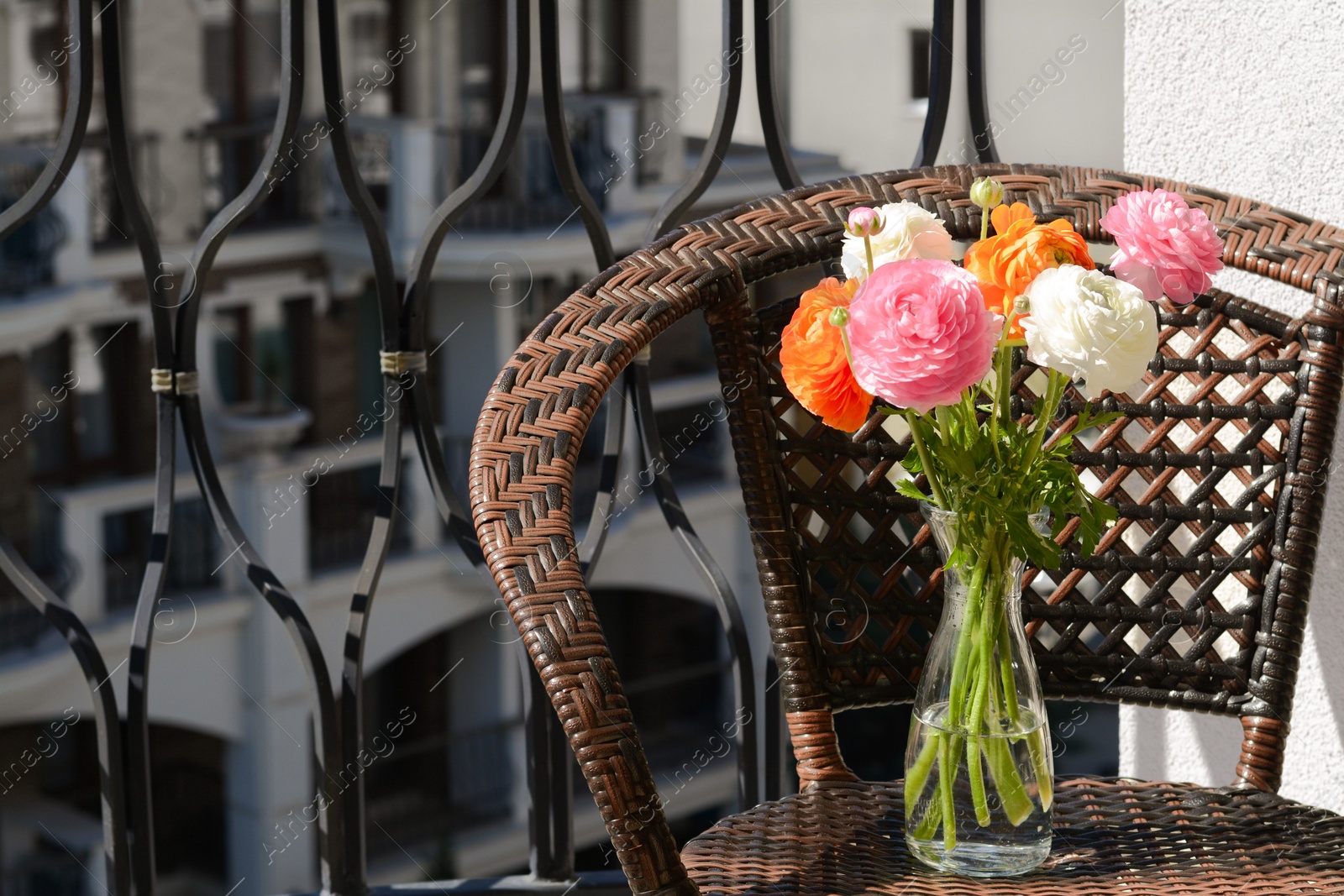 Photo of Bouquet of beautiful bright ranunculus flowers in glass vase on wicker armchair at balcony