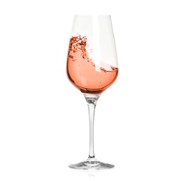 Image of Rose wine splashing in glass on white background