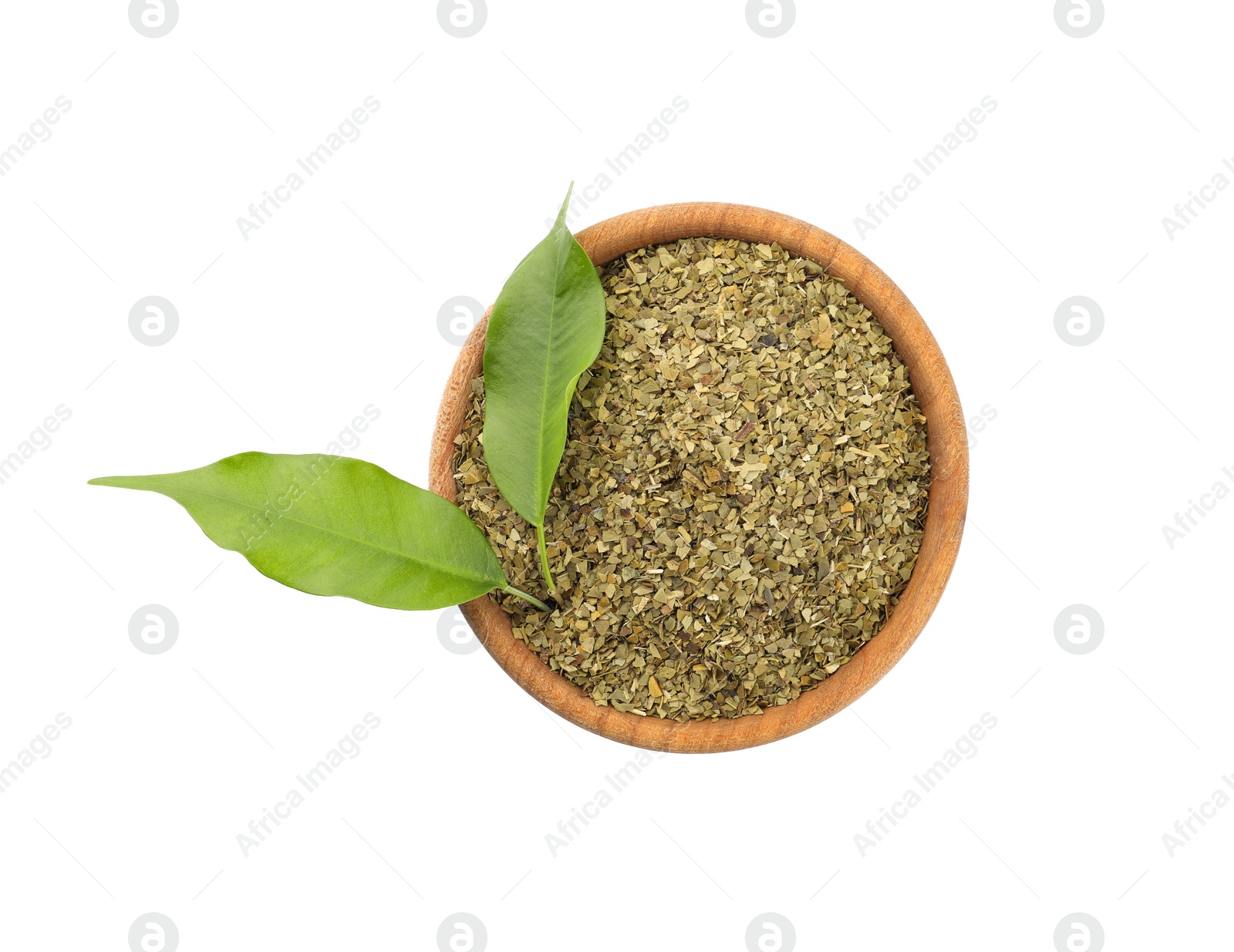 Photo of Wooden bowl with aromatic mate tea isolated on white, top view