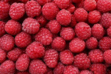 Heap of tasty ripe raspberries as background, top view