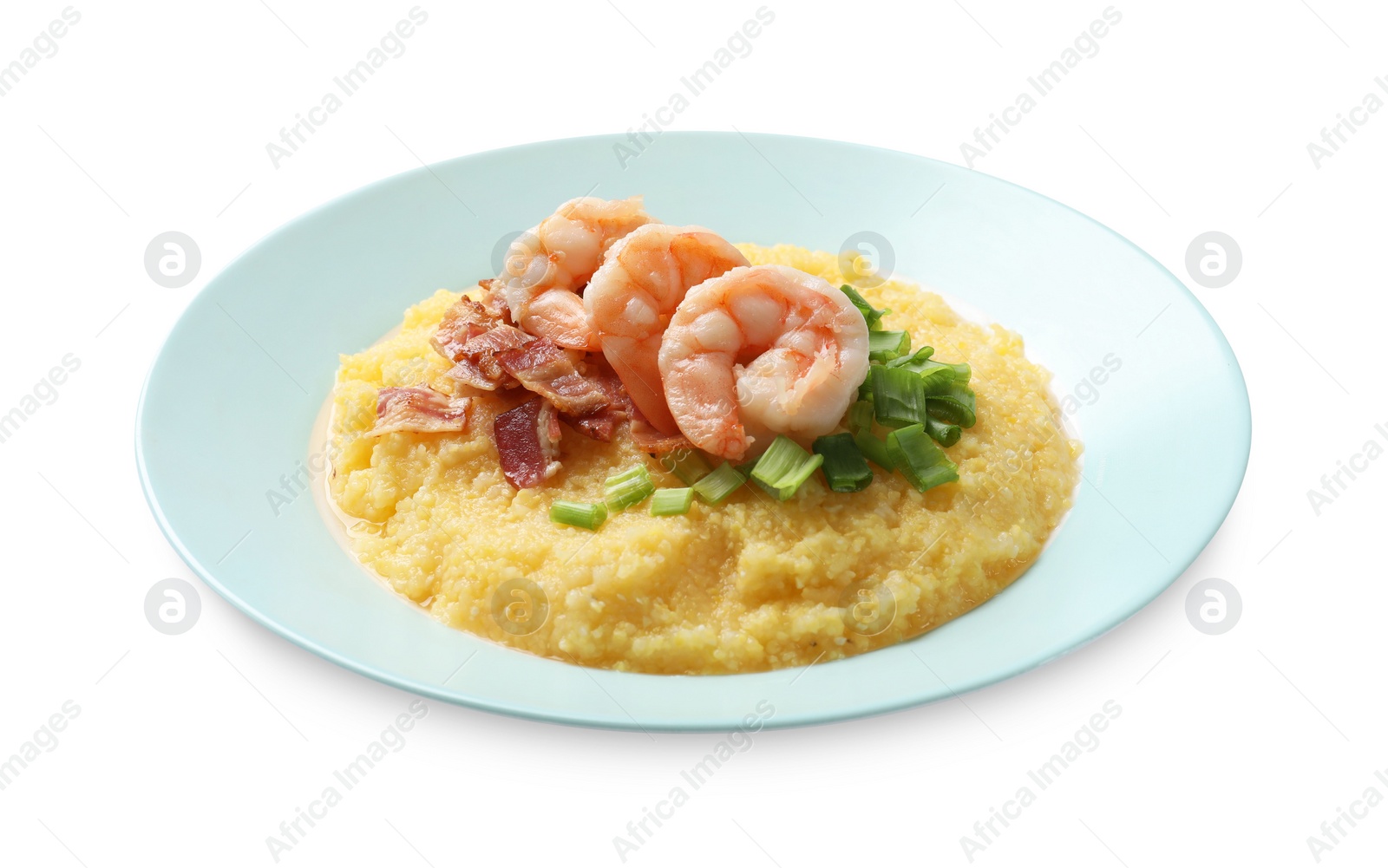 Photo of Plate with fresh tasty shrimps, bacon, grits and green onion isolated on white