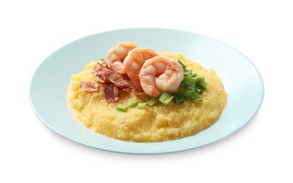 Plate with fresh tasty shrimps, bacon, grits and green onion isolated on white